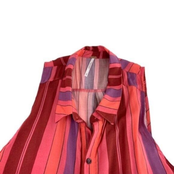 NWT Free People Vertical Stripe Sleeveless Button Up Wrap Shirt Pink Red - Picture 3 of 6